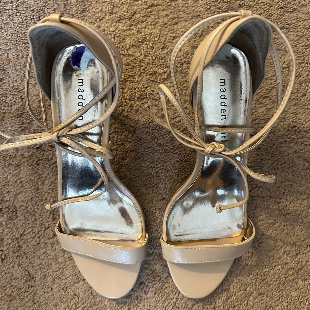 Madden girl nude heels wrap ankle straps approximately 2 inch heel